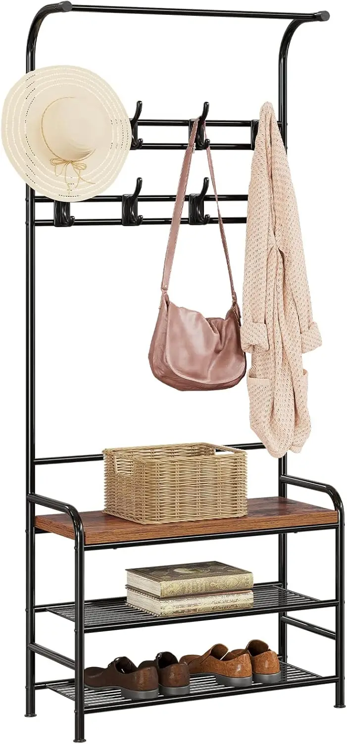 

Coat Ra Shoe Bench, 3-In-1 Hall Tree Shoe Ra For Entryway, 3-Tier Storage Shelf And 8 Hooks Removable, Industrial Accent