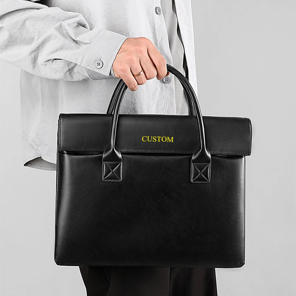 Large Capacity Custom Initials Laptop Bag PU Leather Business Office Student Briefcase Fashion Simple Notebook Computer Handbag