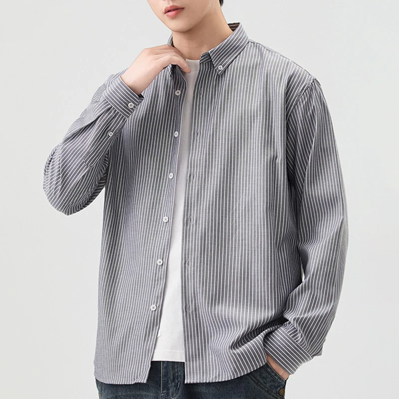 Men's Contrast Color Striped Shirts Spring Autumn Simple Versatile Long Sleeve Lapel Blouse Male Korean Fashion Man Clothes Tops