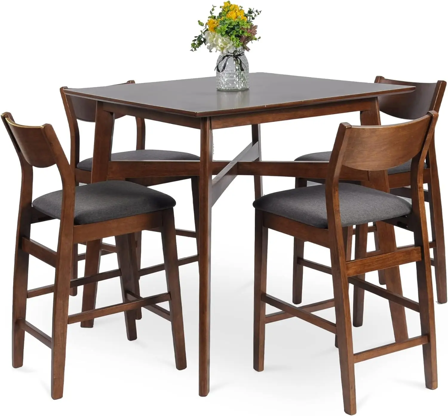 Wood Counter Height Dining Sets for 4, Mid Century Kitchen Breakfast Table and Chairs Set, Rustic Pub High Table and Bar Stools