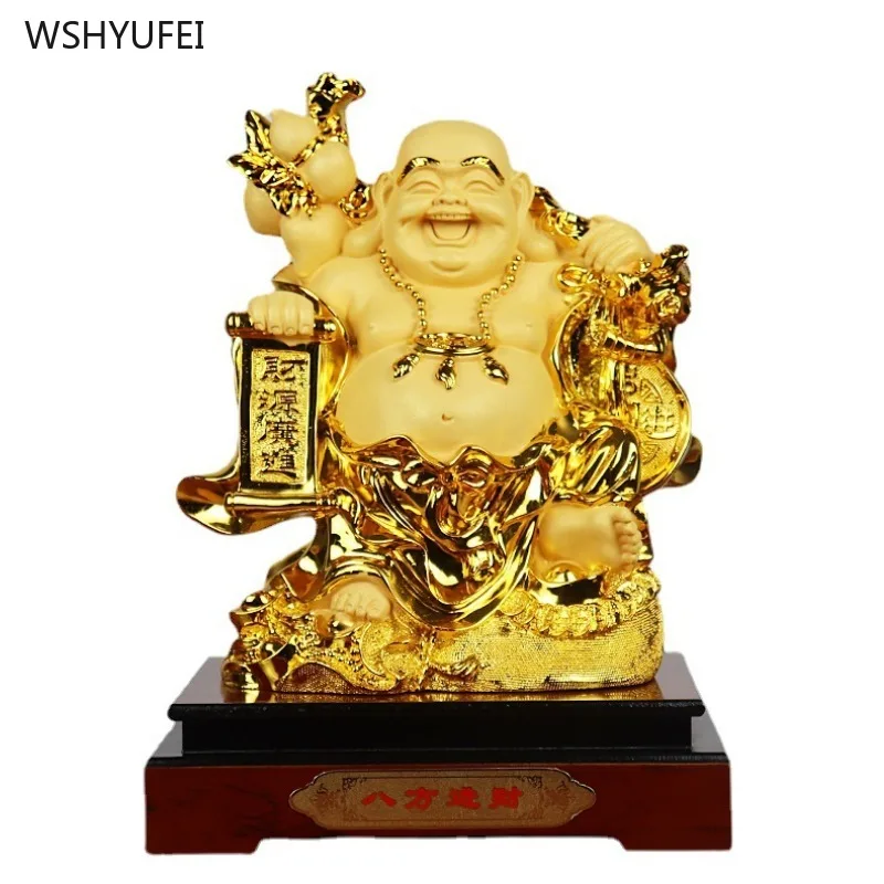 

Золотые украшения для Будды Maitreya, украшения для офиса Bafang Jincai, домашнее предложение статуй Будды, поделки из смолы