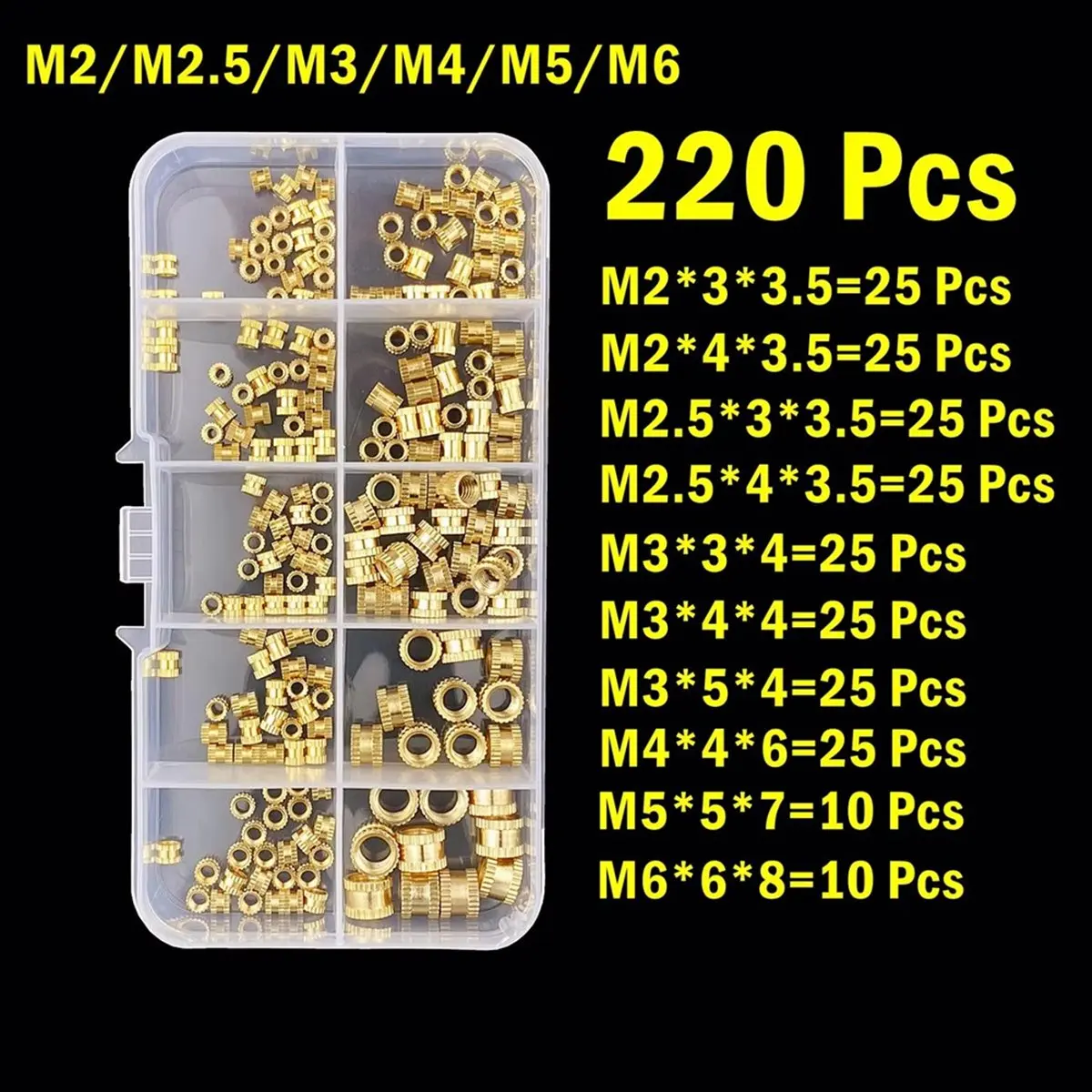(A75T) M2 M2.5 M3 M4 M5 M6 Brass Heat Insert Nut Hot Melt Nutinsert Thread Knurled Double Twill Nuts 3D Printer Accessories A