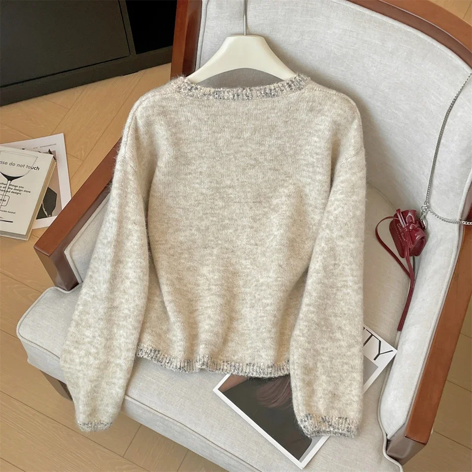 

Color blocking O-neck Long Sleeved Sweater French Elegant Sequin Pullover Knitwear Women's 2025 Spring Autumn Soft Loose Top