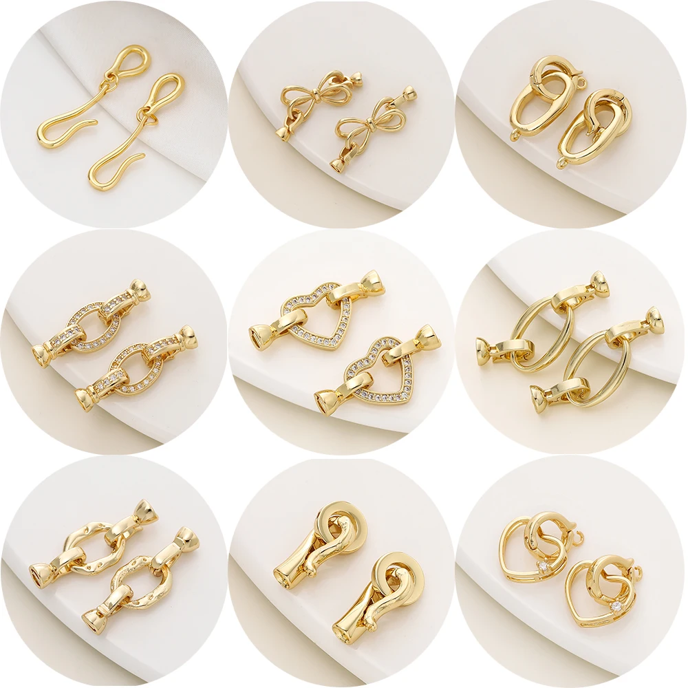 2/4pcs 14/18K Gold Color Plated Heart Bowknot Fasteners Closure Lock Connector Clasps For DIY Needlework Pearls Jewelry Making