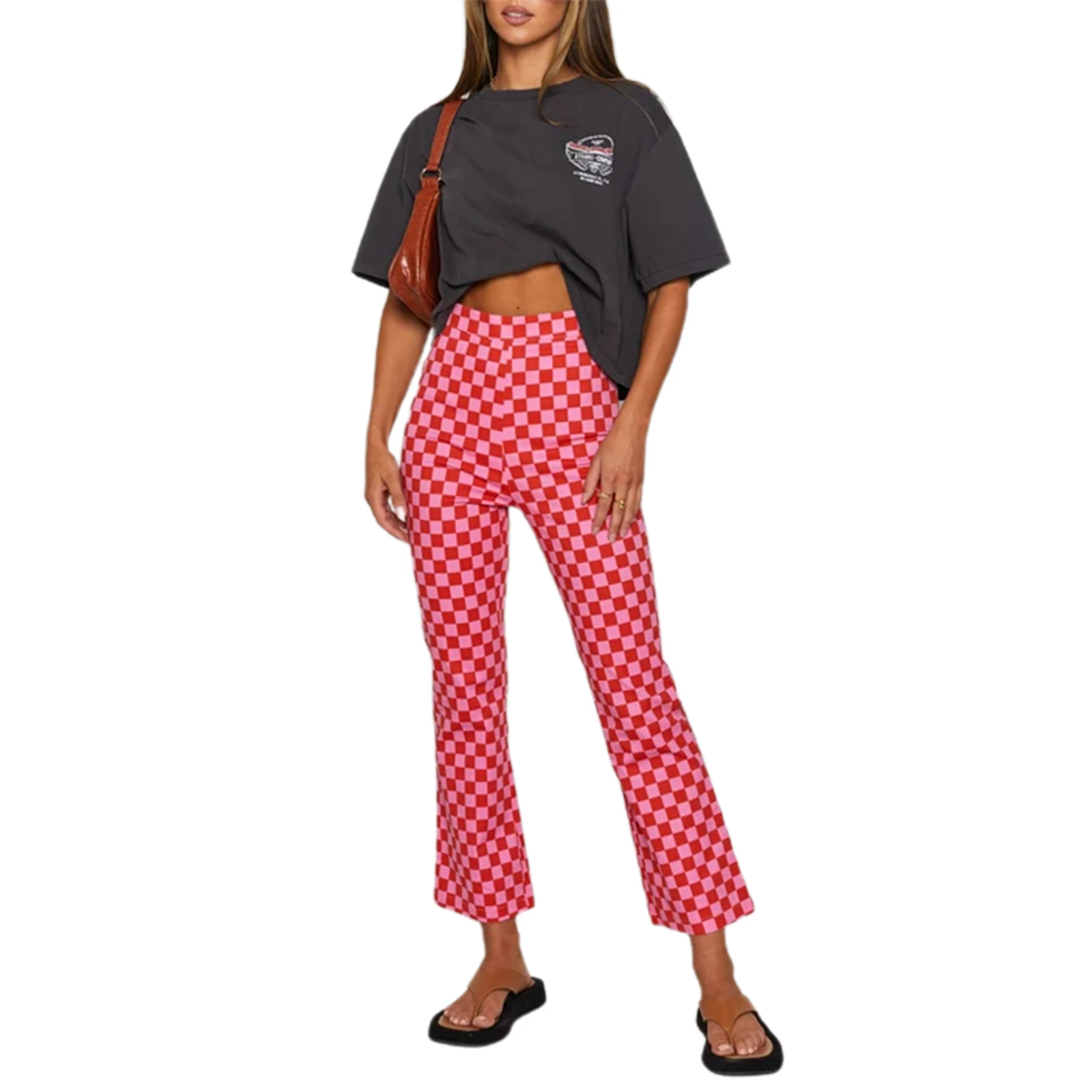 

Women'S Casual and Fashionable Tight Fitting Pants Classic High Waisted Plaid Printed Slim Fit Flared Pants