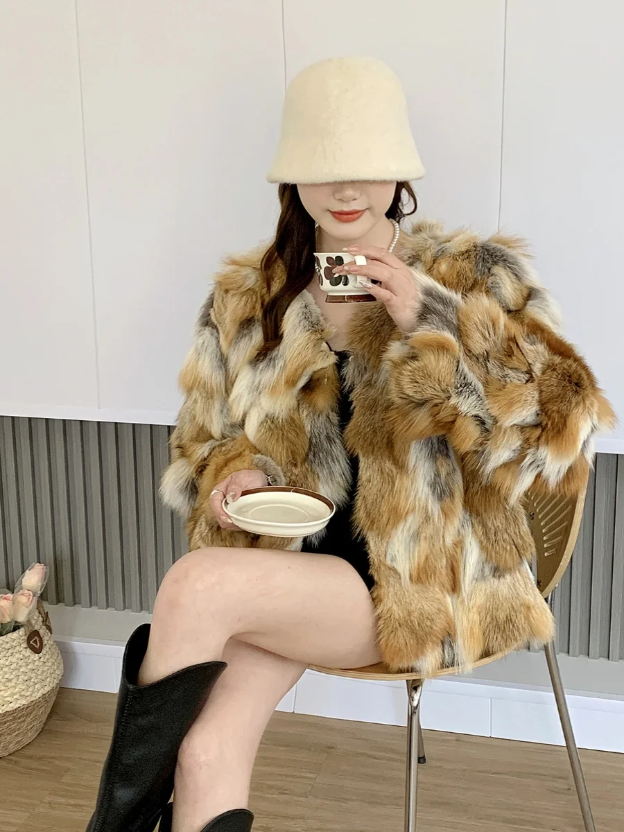 (Fox Beauty) معطف فرو الثعلب الجديد ذو الطراز القصير ذو الألوان المتباينة للشباب والعصري للنساء