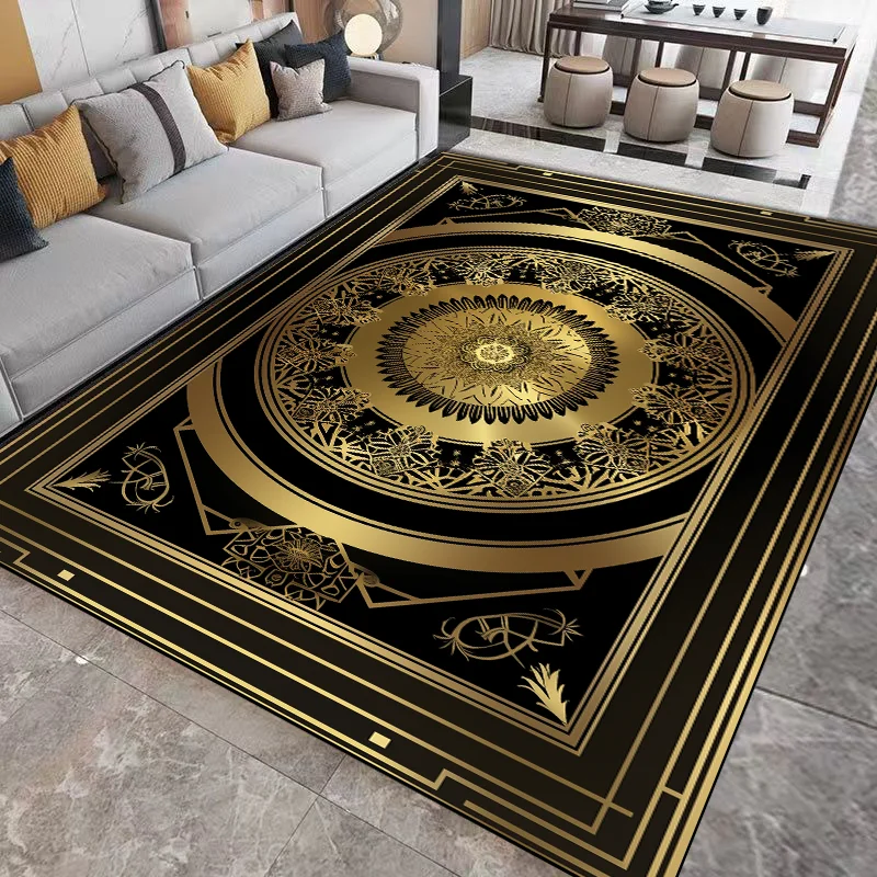 Luxury Living Room Carpets Golden Black Decoration Carpet Hotel Hall Sofa Floor Mat Soft Washable Room Decor Corridor Large Rugs