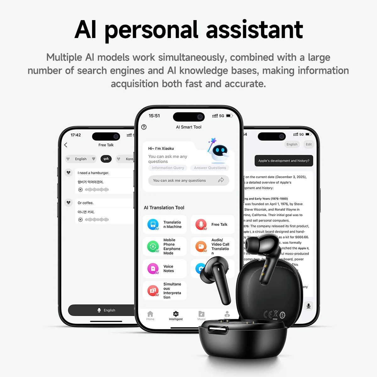HOCO Smart AI Real Time Translation Earphone Support App Control Music Sport Earbuds HiFi EQ Sound Headphone Fo Bussiness Travel view 2
