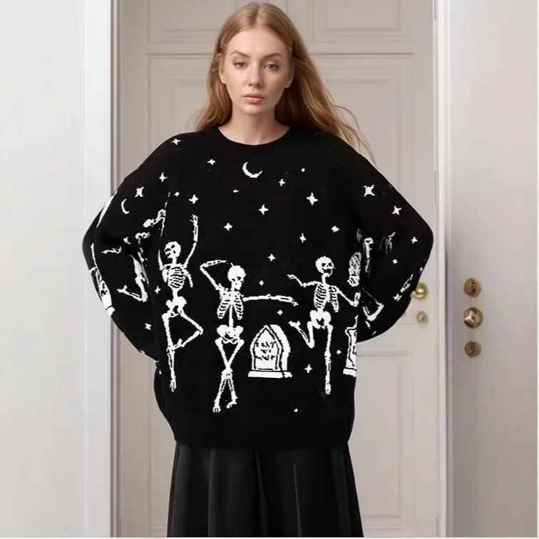 

Mingmingxi женский свитер большого размера, пуловеры, свободный трикотаж со скелетом для вечеринки на Хэллоуин, уютный жаккардовый вязаный свитер