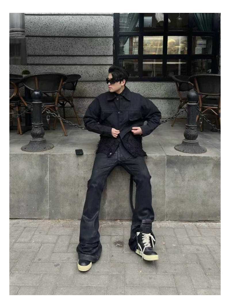 High Street RO-stijl 25SS lange broek heren zwart grijze coating geborstelde was vijfsterren luifellint afslankende micro-trompetjeans