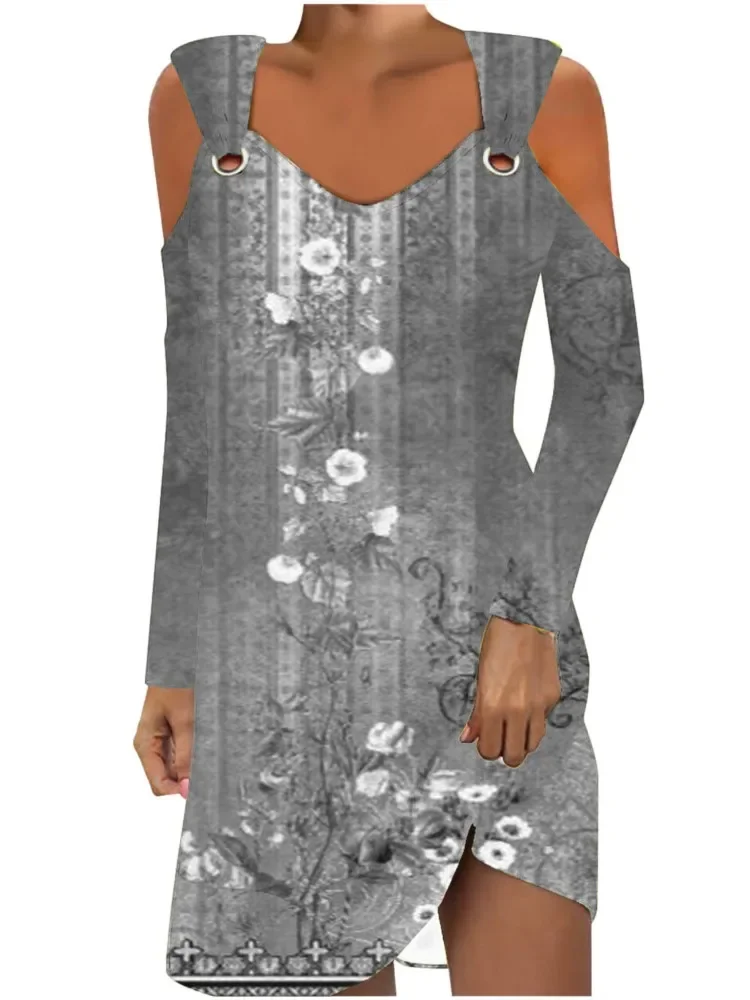 CPSYMYM Women's Spring Summer New Long Sleeve Fashion Metal Buckle Multi Color Printed Sexy Off Shoulder Casual Loose Dress