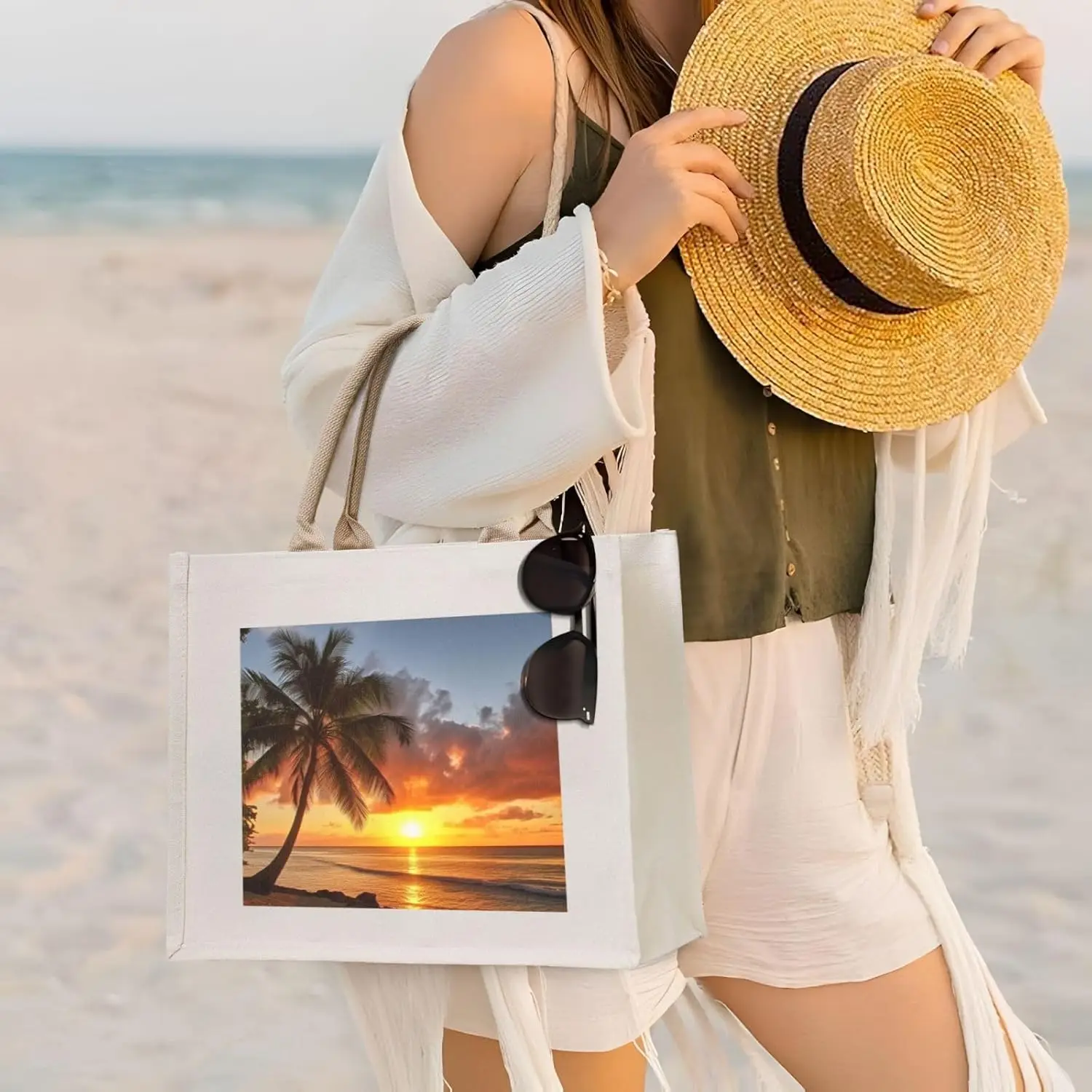 Zonsondergang Hawaiiaanse palmboom bedrukt canvas draagtas mode handtas schouder boodschappentas