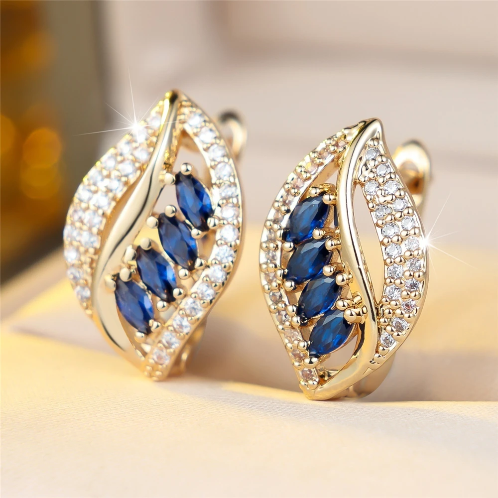 Elegant Female Small White Blue Zircon Stone Skeleton Hoop Earrings Trendy Fashion Gold Color Wedding Jewelry For Women