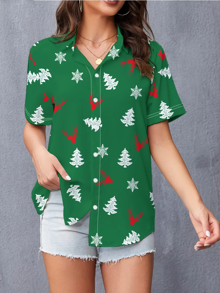 Snowflakes Christmas Trees 3d Digital Printing Shirt Women's Street Casual Short Sleeve Shirt Summer Cozy Soft Oversize Shirt