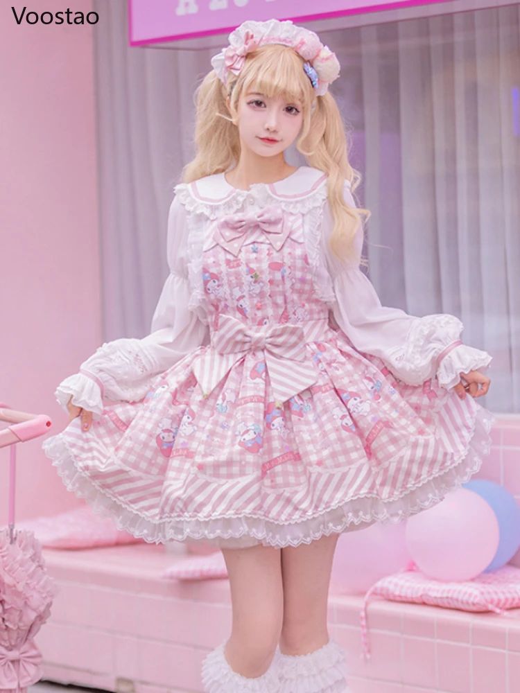 Sweet Lolita Style Cartoon Print Princess Dress Women Cute Bow Lace Party Strap Dresses Girly Harajuku Kawaii Y2k Mini Vestidos