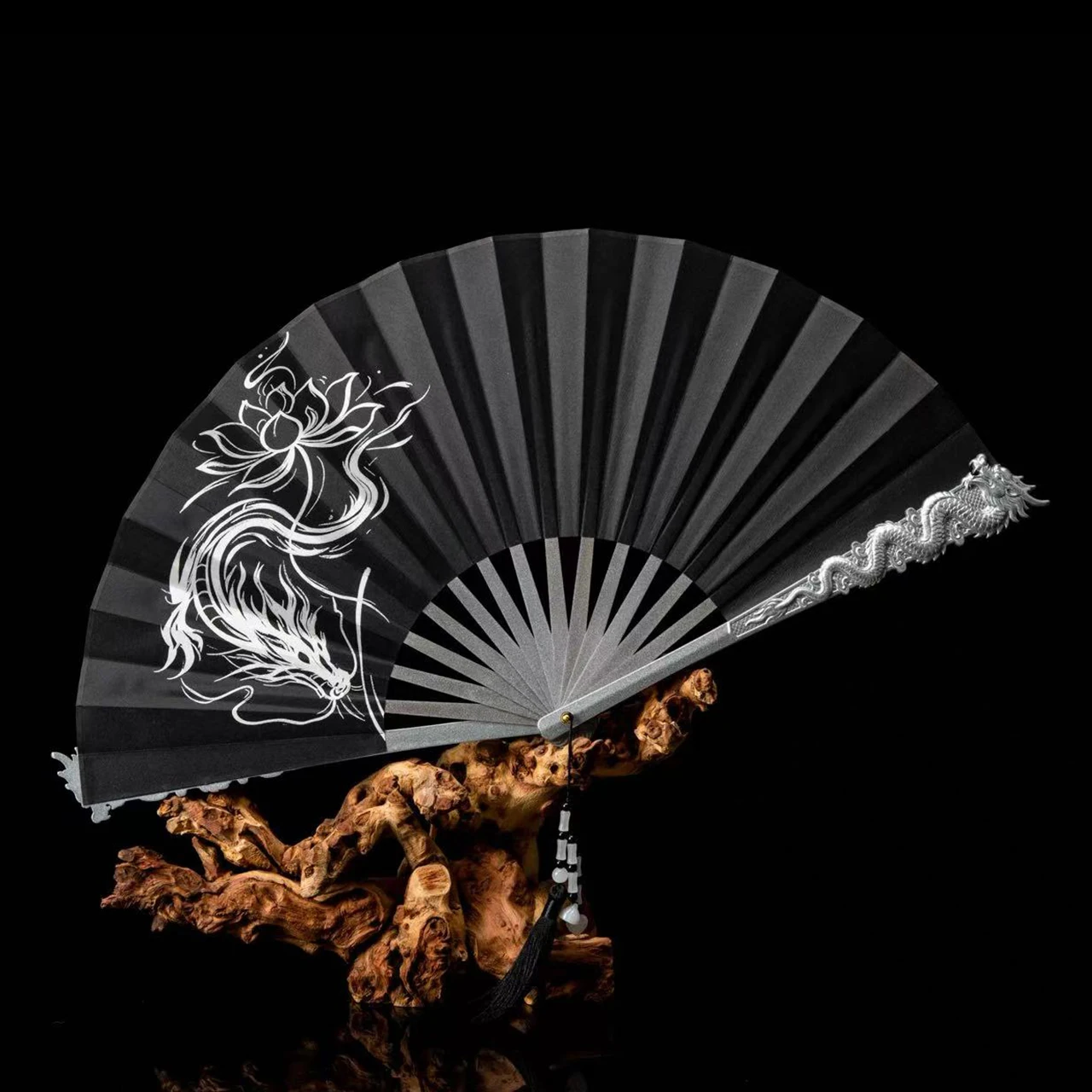 Chinese Black Iron Dragon Fan Metal Bone Golden Lotus Print Decorative Martial Arts Cosplay Collection Ornament with Tassel