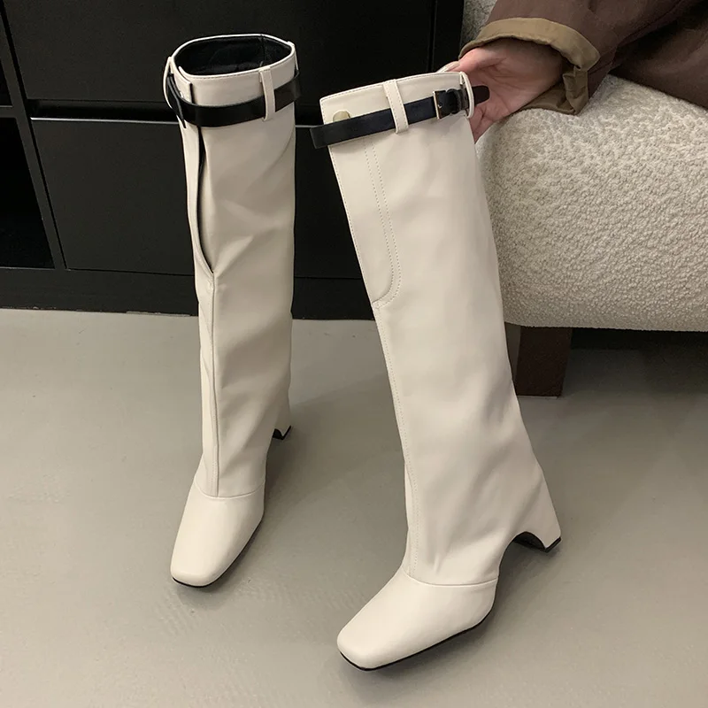 White Square Toe Belt Buckle Shaped Heel Knight Boots Woman Winter 2025 Black Slip-On Thick Heel Knee-High Boots Shoes for Women