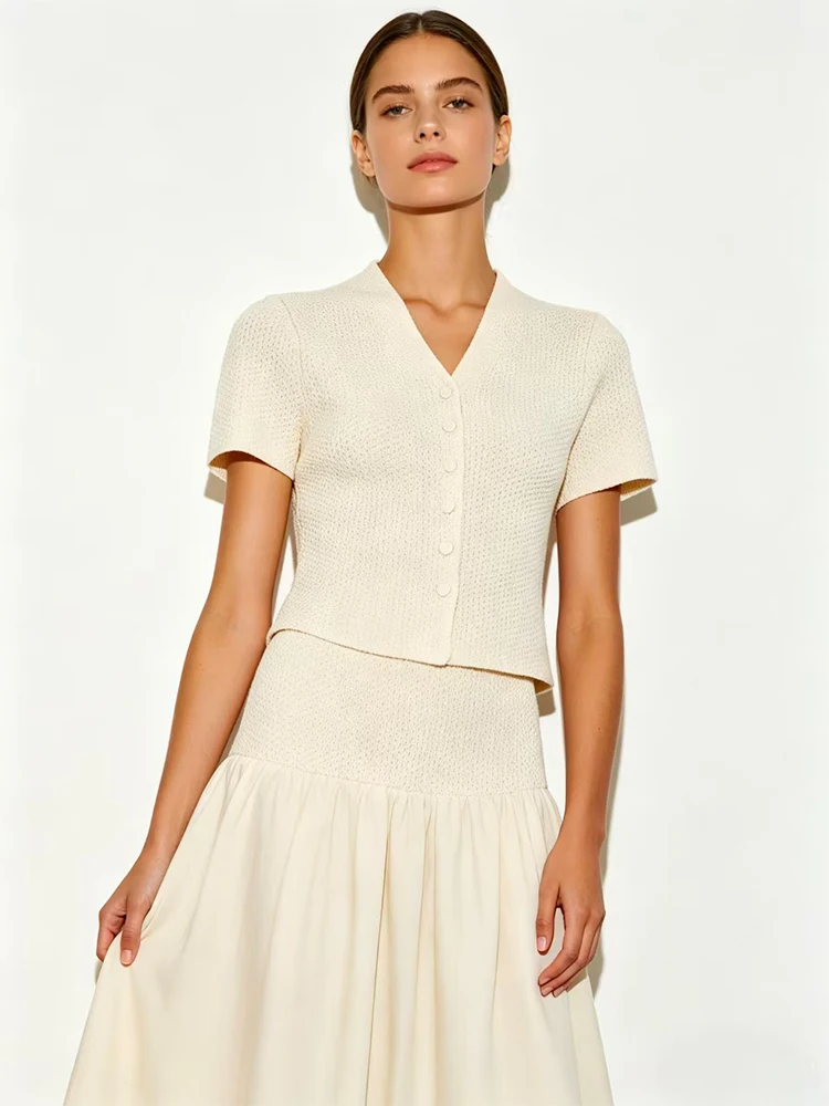 SLTNX Casual Women Knit Skirt Suit V-Neck Buttons Short Sleeve Cardigan Long Skirt Fashion 2026 Summer Holiday Elegant Sets