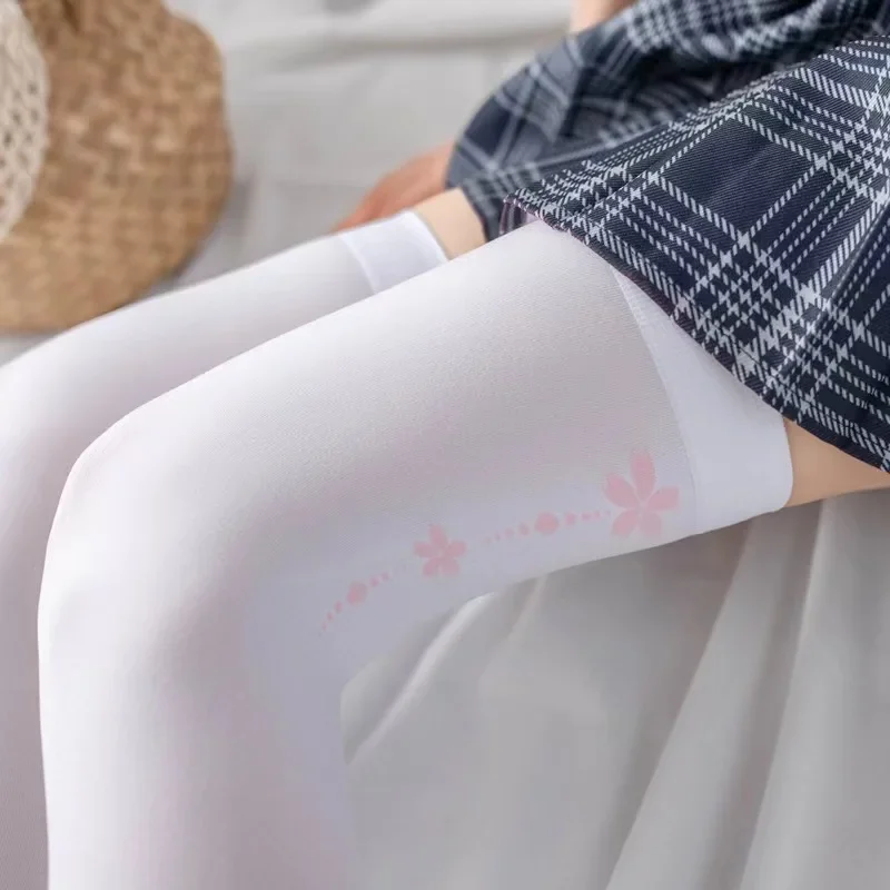 Women's Cute Cat Paw Cosplay Stockings Cherry Blossom Print Leggings Girls Sweet Japanese White Lolita Over The Knee Socks