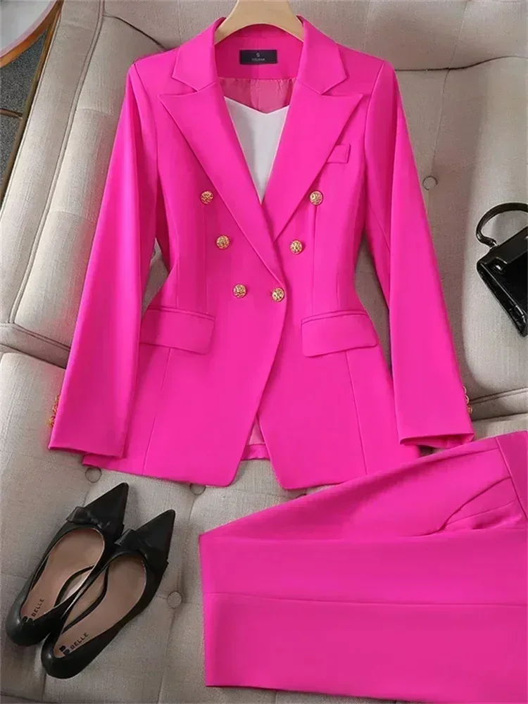 Fashion Solid Women Suits 2 Piece Summer Smart Casual Office Lady Outfits Chic Double Breasted Peak Lapel Female Pants Sets