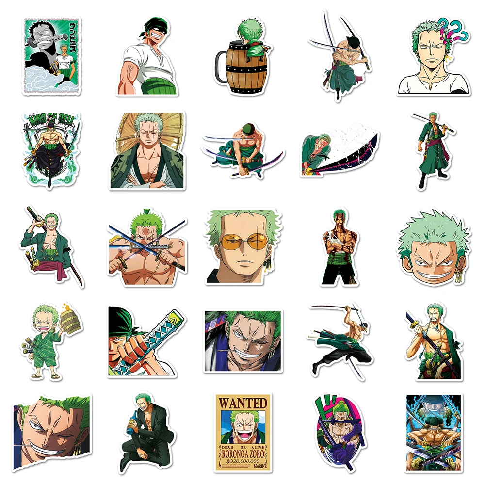 10/30/50pcs Anime ONE PIECE Stickers Cool Roronoa Zoro Cartoon Decals Skateboard Notebook Phone Case Waterproof Graffiti Sticker