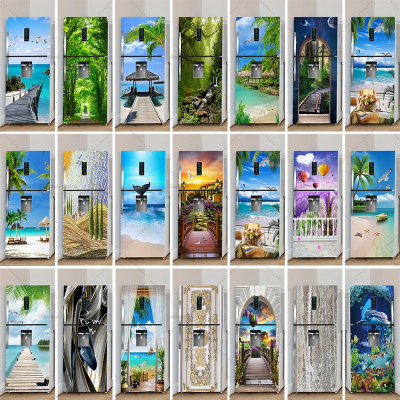 

Vinyl Waterproof Refrigerator Stickers Seaside Scenery Kitchen Stickers Home Decoration Customizable Size Wall Stickers