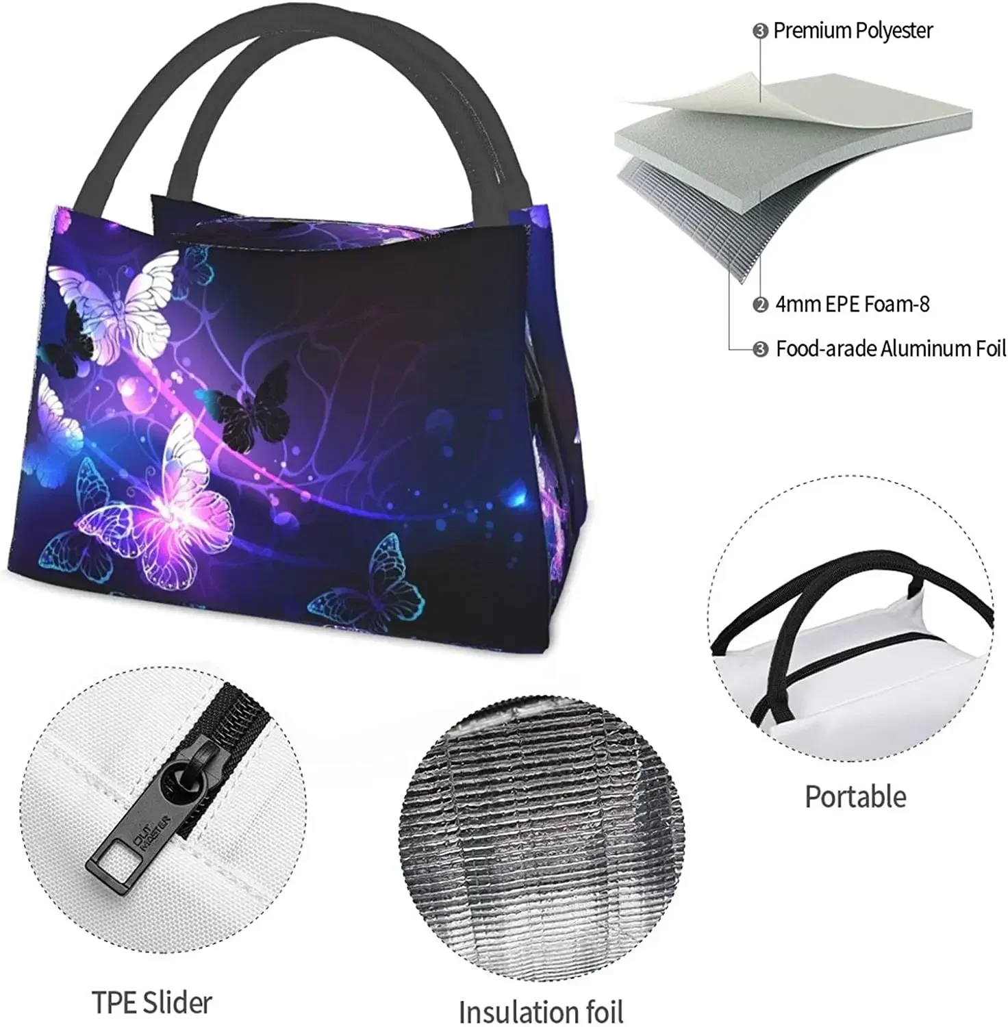 

Background with Night Butterflies Lunch Bag Insulated Tote Bags Foldable Reusable Insulated Bento Bag for Office Picnic Travel