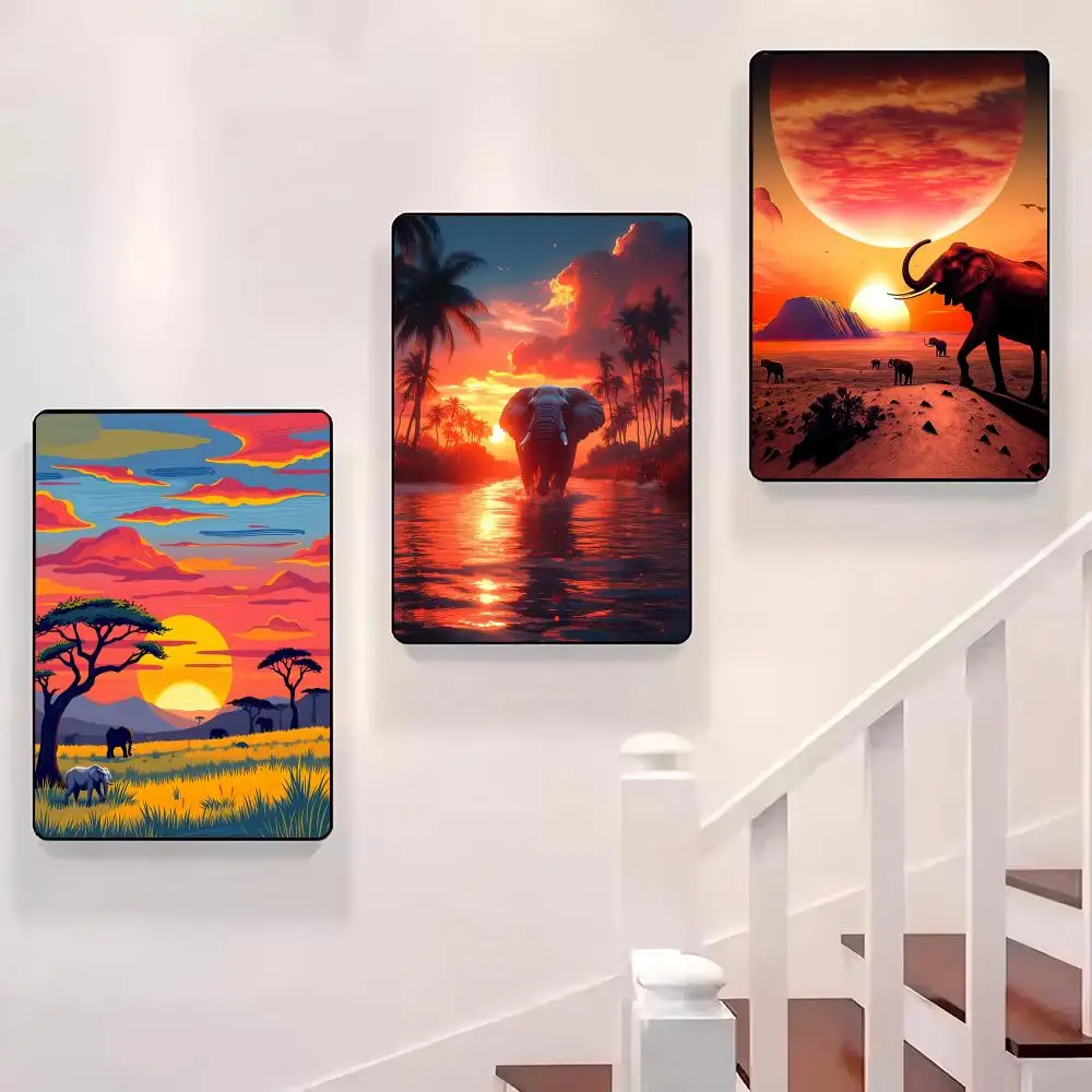 

Vintage Elephants Sunset Landscape Poster Sticky Wall Waterproof Home Living Room Bedroom Bar Aesthetic Decoration Perfect Gift