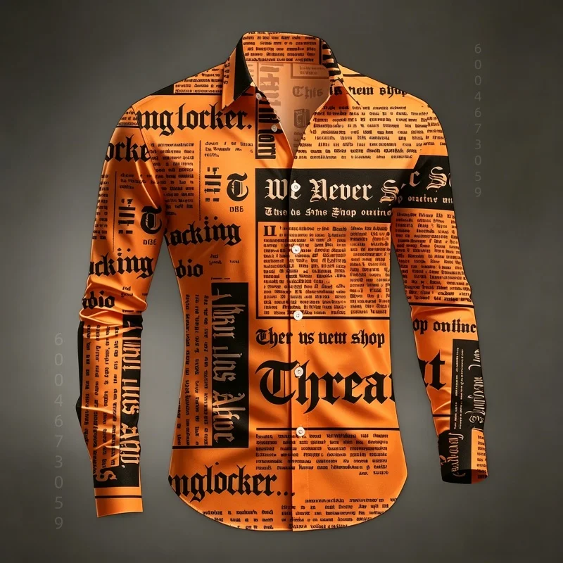Men's Shirt Long Sleeved Shirt Newspaper Letter Print Retro Casual Single Breasted Shirt Street Style Trendy Men's Top image 6