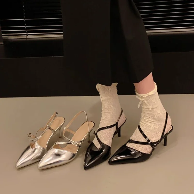 2024 Summer Silver Pointed Toe Women Sandals Fashion Slip on Slingbacks Shoes Ladies Sexy Thin Heel Party Dress Sandalias