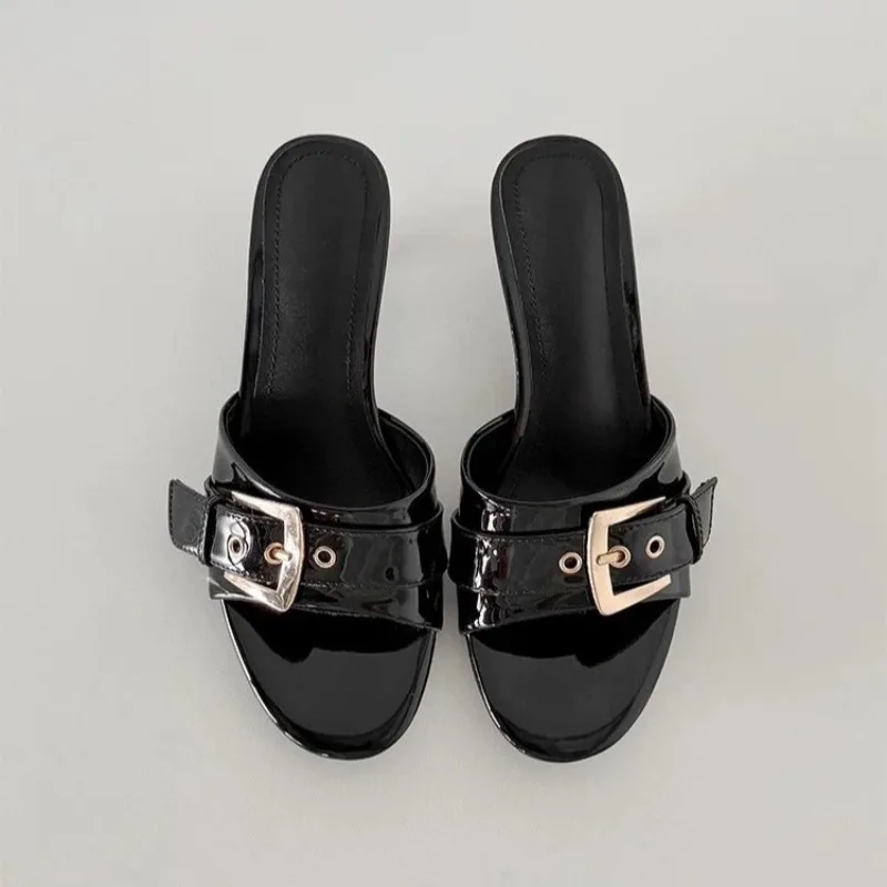 2026 Fashion Women's Silver Snake Print Mules Open Toe Buckle Strap Stiletto Sandals Slip on Summer Party Slippers