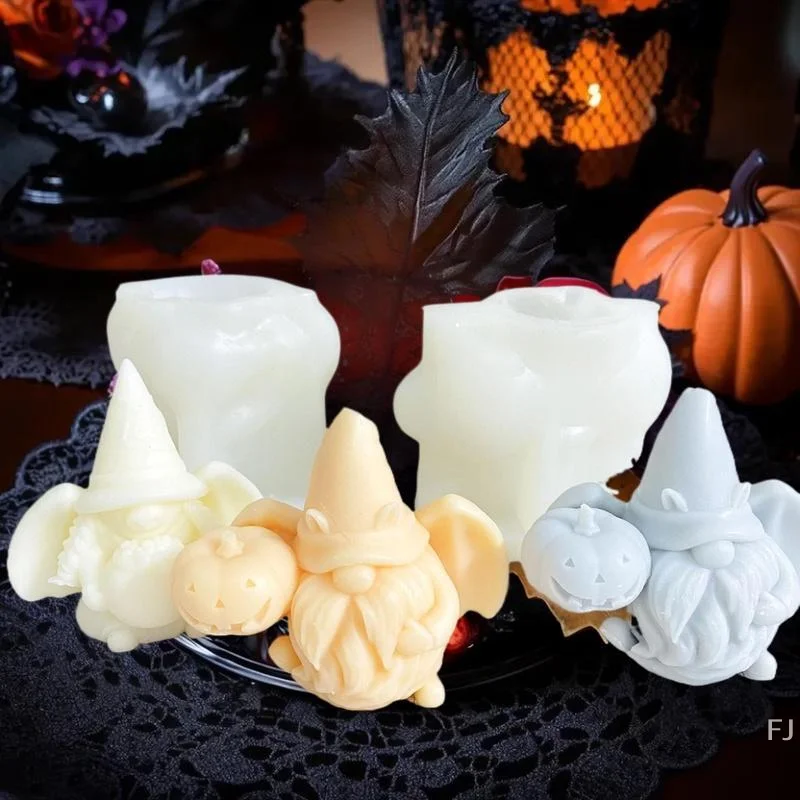 Forma silikonowa do samodzielnego wykonania świec aromaterapeutycznych i mydeł w kształcie dyniowego krasnala ze skrzydłami, idealna do dekoracji domu i na Halloween.