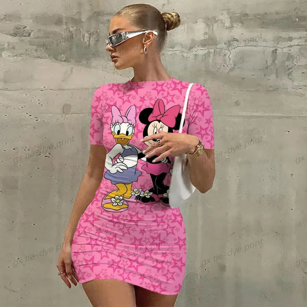 

Summer Casual Cartoon 3D print Mini Dress Vestidos Disney Mickey Mouse Woman Dresses Elegant Dress Office Tight Slim Lady O Neck