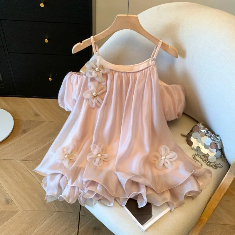 2026 Summer Women Luxury Fake Two-Piece Camisole Off Shoulder Ruffle Sleeve Chiffon Top Korean Style 3D Floral Fashion Top