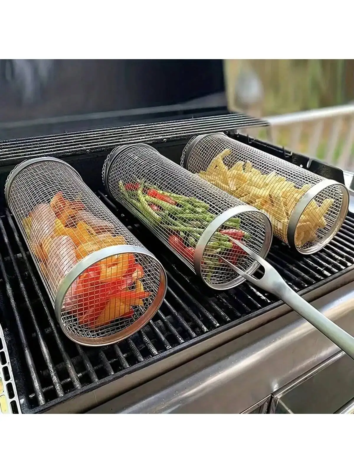 3PCS steel barbecue cage, barbecue hook, barbecue fork - Men's outdoor barbecue and camping tools - Perfect gift for Father's Da