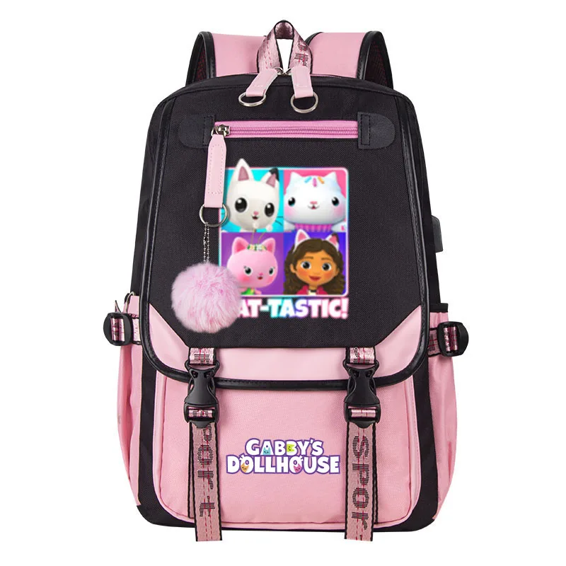 

Anime Gabbys DollHouse Backpack Pink Cute Cartoon Girl School Bag Child Student Shoulder Backpack Boy Girl USB Laptop Backpack