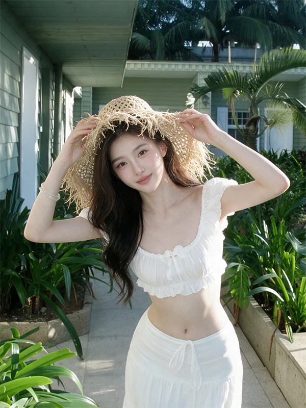White Bubble Sleeve Top And Half-length Skirt Two-piece Set Women's Fashion Spring Summer New Design Pure Desire Style