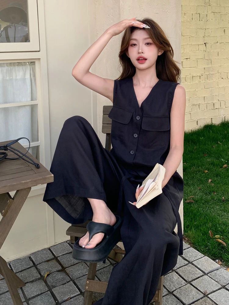 

Корейский комбинезон-брюки с V-образным вырезом и прямым кроем, женский, повседневный, летний, новый, с высокой талией, длинные брюки из полиэфирного волокна