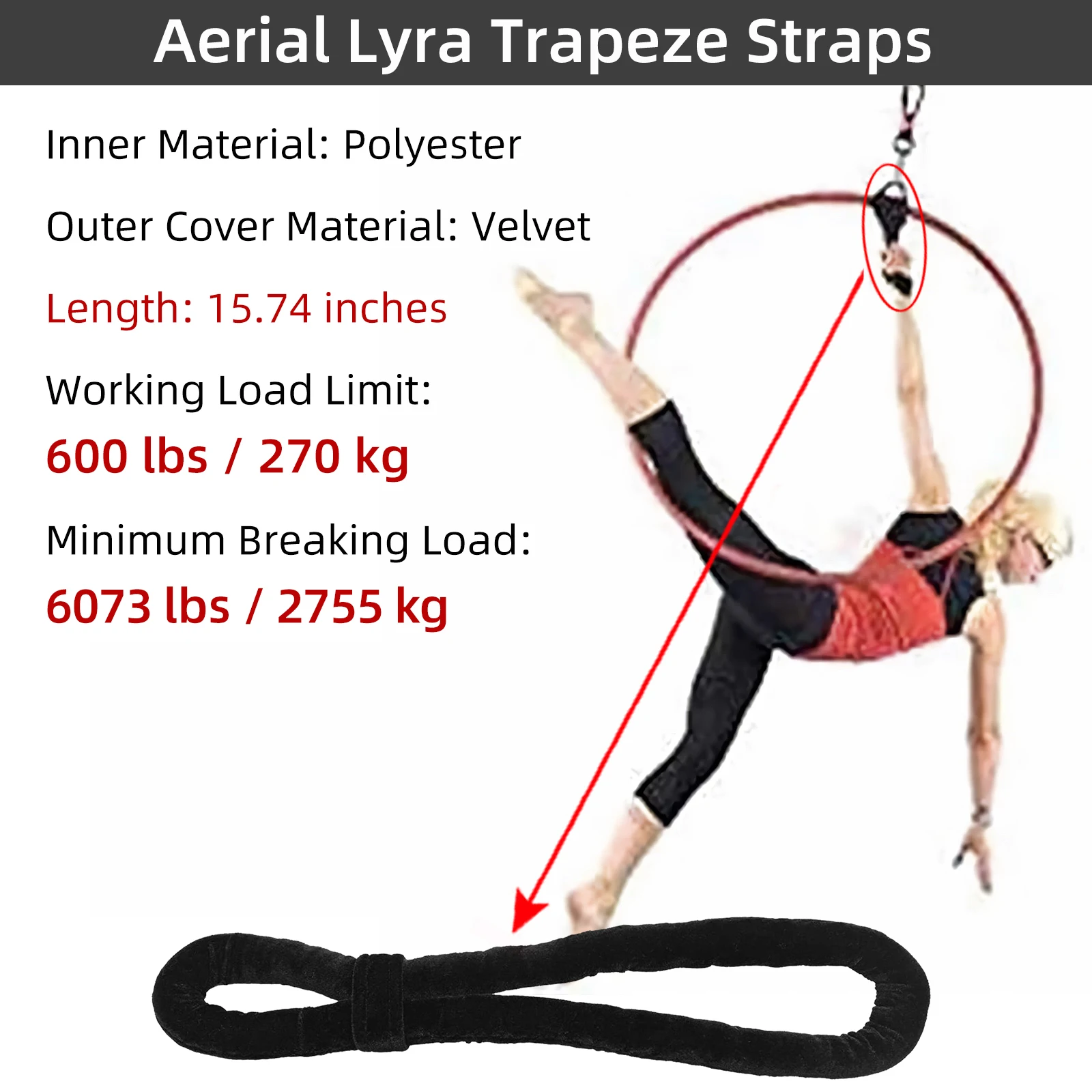 Aerial Lyra Hoop Loop Strap Velvet Soft Hand Grip 270KG Load Heavy Duty Aerial Circus Yoga Trapeze Accessory