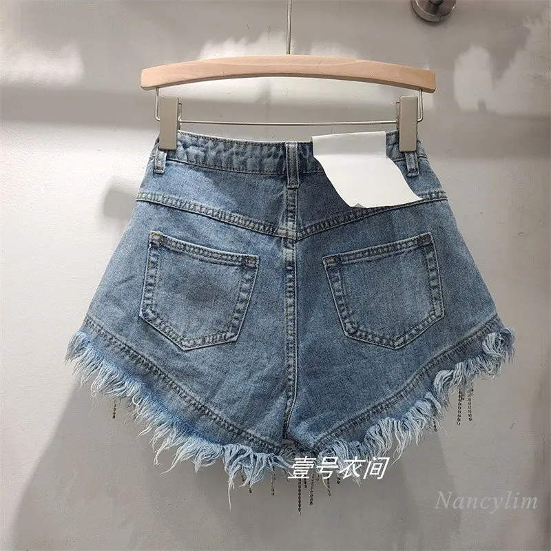 Imagem -05 - Shorts Jeans de Cintura Alta Rasgados para Mulheres Calças Quentes Cadeia de Borla Strass Slim Fit Reto Primavera e Verão Novo 2023