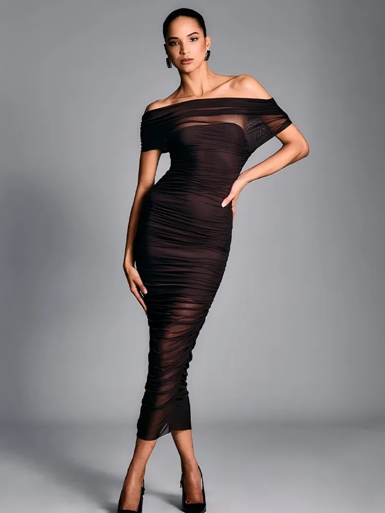 

Absobe Women's Off Shoulder Sheer Mesh Pleated Maxi Dress Fashion Sexy Slim Bodycon Tank Evening Long Dress Elegant Partywear