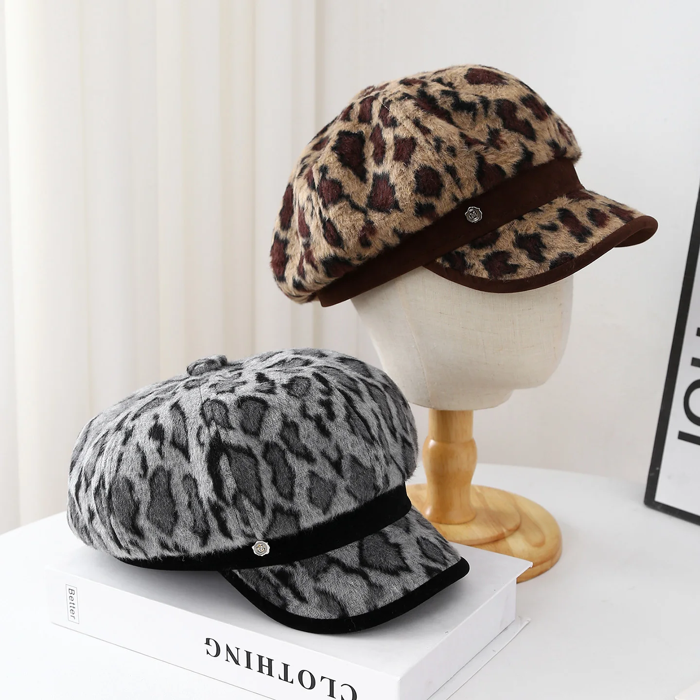 Achteckige Baskenmütze im Vintage-Stil für Damen, Leoparden-Design für Herbst/Winter, Freizeitkleidung, Zeitungsjunge, Malermütze, Neu