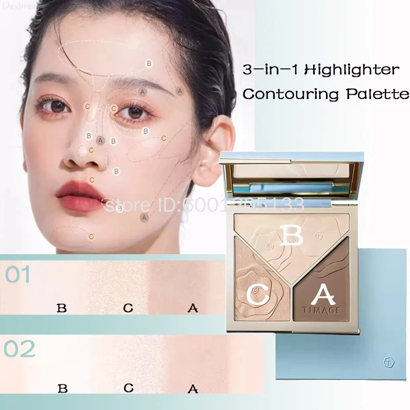 TIMAGE Highlighter Palette Tri-Colour Natural Matte Pearlescent Brightening Face Contour Powder Palette Concealer Makeup