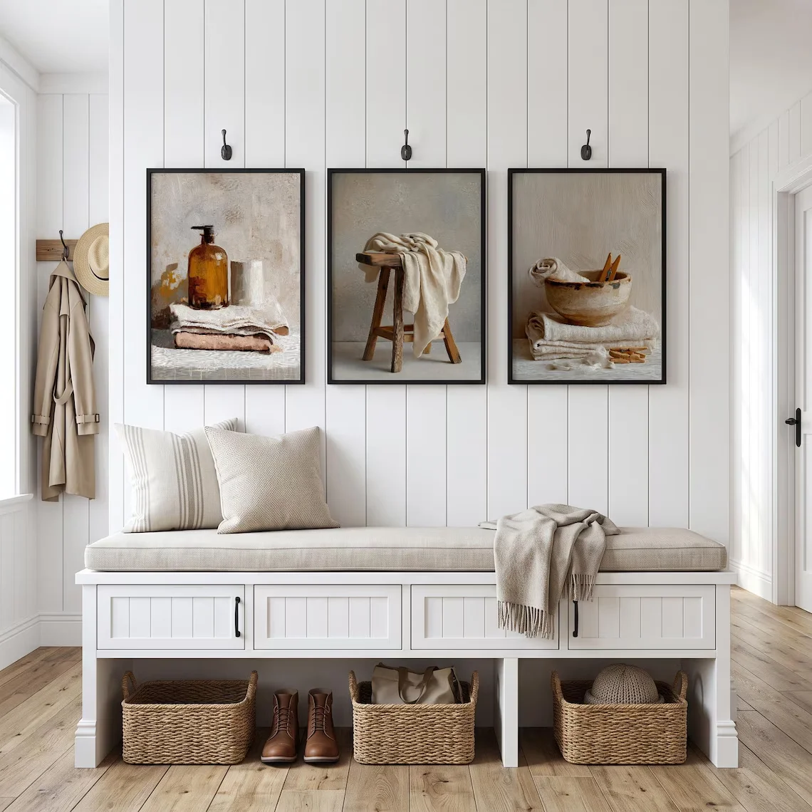 Laundry Room Wall Art Set of 3, Neutral Utility Room Prints, Mediterranean Linen Decor