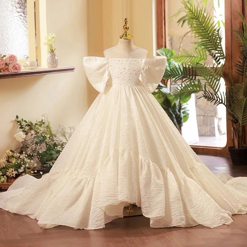 Girls' Dress 2025 New Spring Children's Show Host Dress White Piano Tail Performance Costume