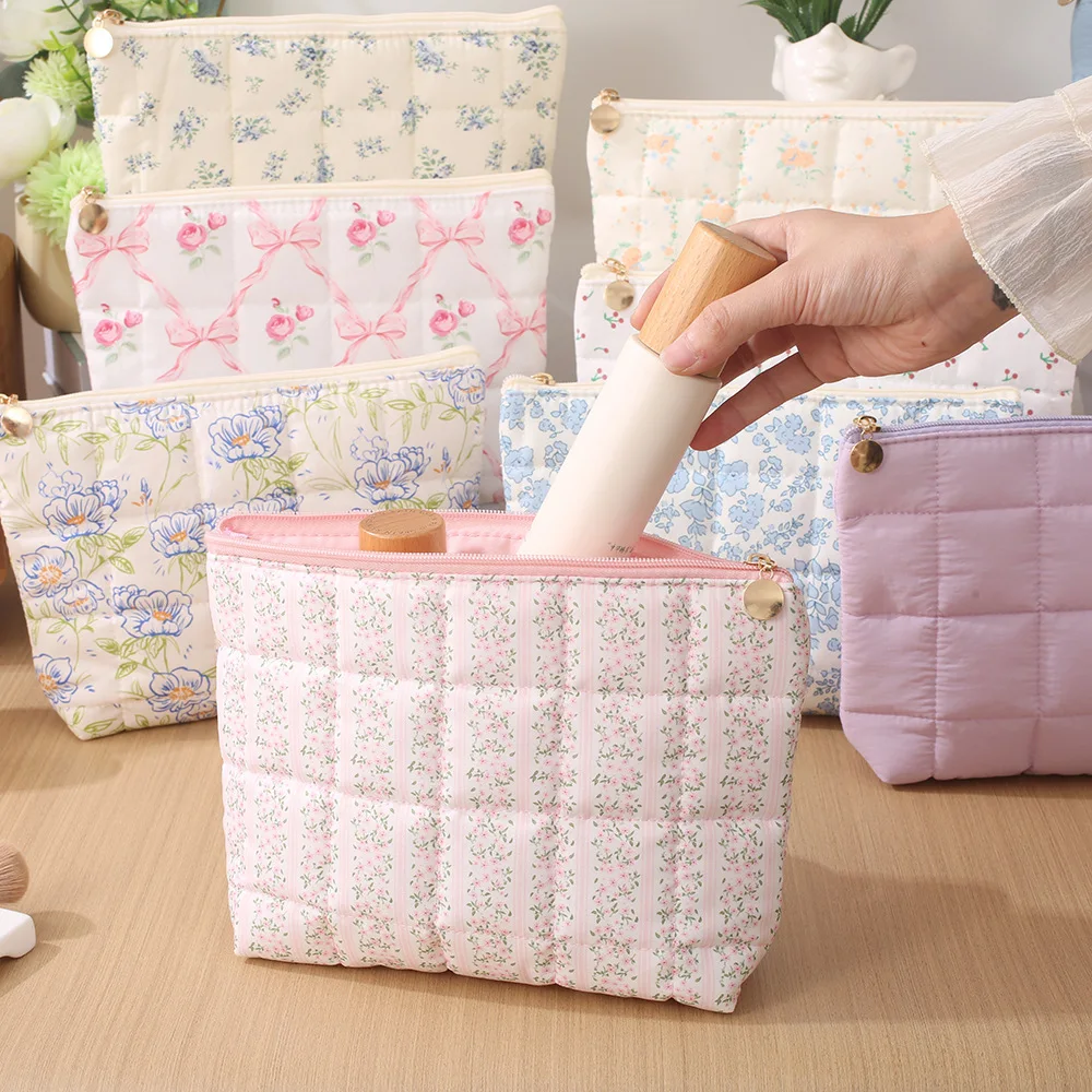 New Floral Print Quilted Cosmetic Bag for Women Female Large Capacity Hand Fashion Ruffle Travel Toiletry Storage Wash Pouch