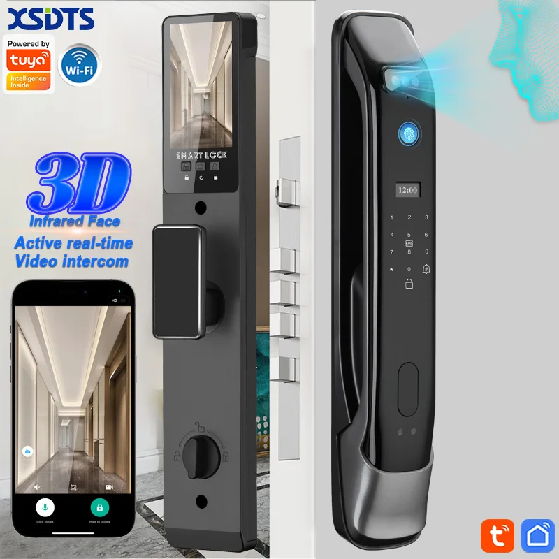 3D Real-time Intercom Face Recognition Digital Door Lock With Camera FIngerprint Password Unlock Keyless Electronic Door Lock
