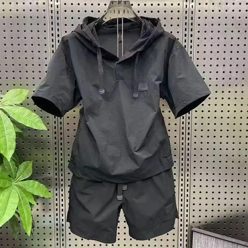 

Summer New Lightweight Breathable Men's Short Sleeve Hoodie And Shorts Two-Piece Set Loose Casual Pure Color Fashion Set
