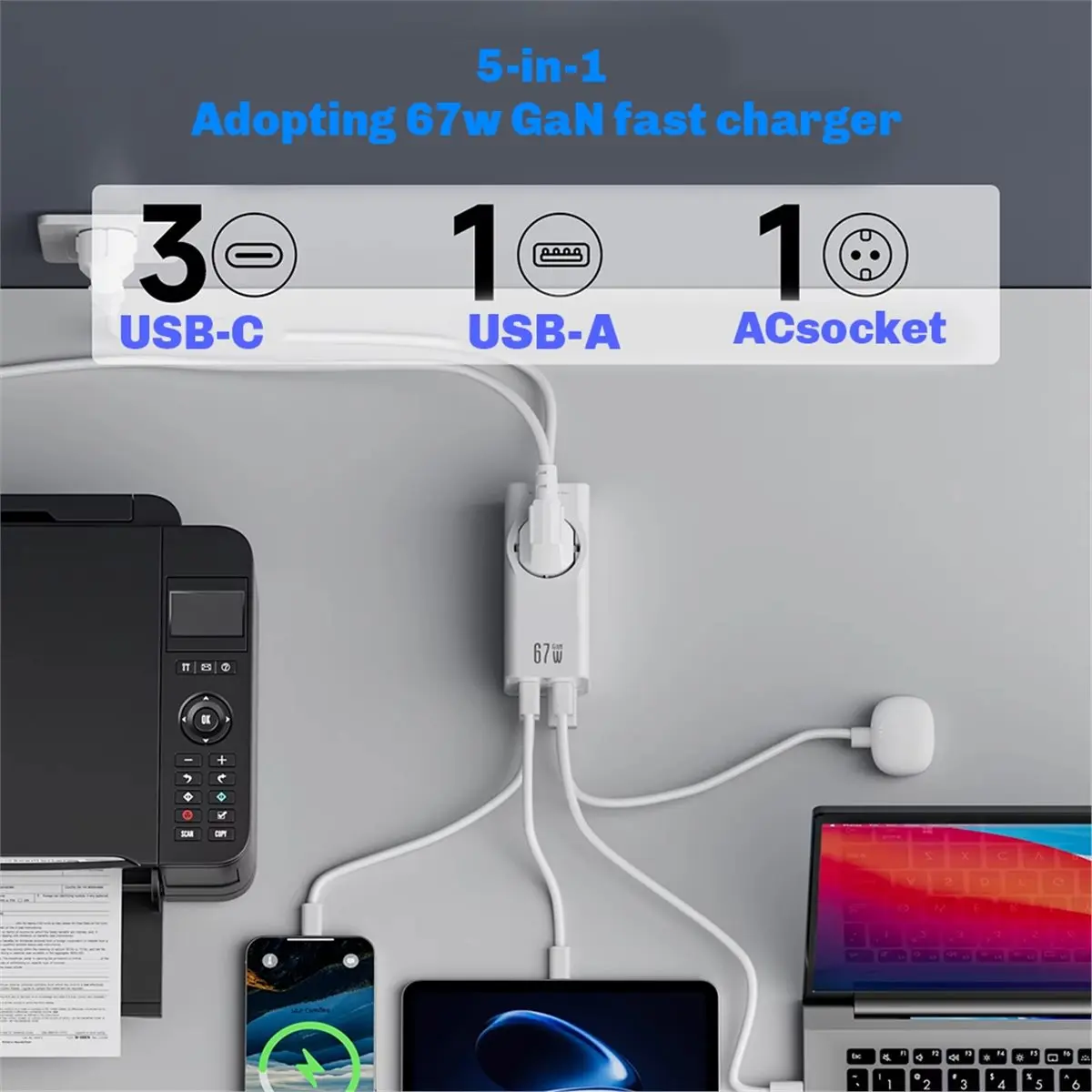 

Сетевой удлинитель N94R 67W GaN с быстрой зарядкой, 3 порта USB-C + 1 порт USB-A + 1 розетка переменного тока, вилка EU, для одновременной зарядки нескольких устройств