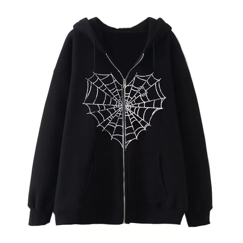 

Tiki's new hoodie with spider web print hoodie, personalized casual zippered jacket, trendy oversized women's clothing